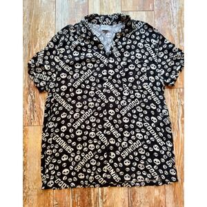 The Goonies Mens XL Skulls Graphic Rayon Button Down Shirt Black White Movie Tee